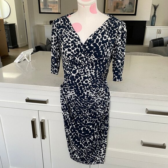 Lauren Ralph Lauren Animal Print Faux Wrap Dress Navy+White Sz 6 No Fabric Tag - Picture 1 of 9